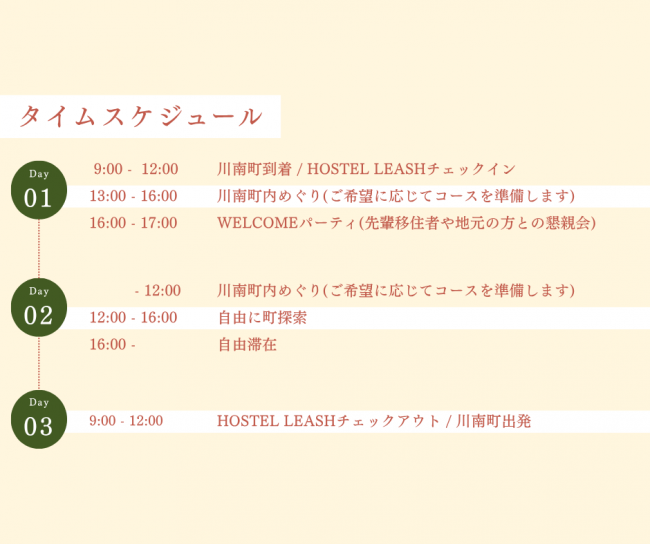 タイムスケジュールの一例を紹介しています。1日目は午前にチェックイン、午後に町案内とWelcomeパーティを行います。2日目は午前に町案内、午後以降は自由にご滞在いただけます。3日目は午前中にチェックアウトとなります。